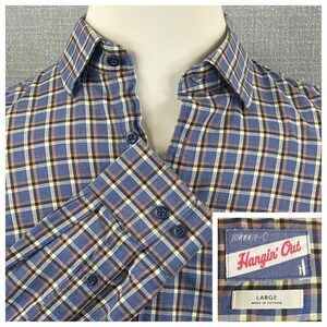 johnnie-O Hangin Out Mens Large Blue Brown Plaid Long Sleeve Button Down Shirt